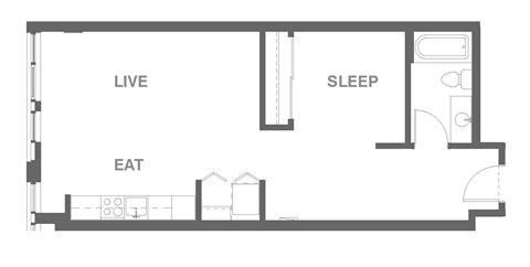 Floor plan for 1 bed, 1 bath, 645 sqft